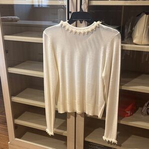 Zara Cream Beaded-Neck Long Sleeve Sweater